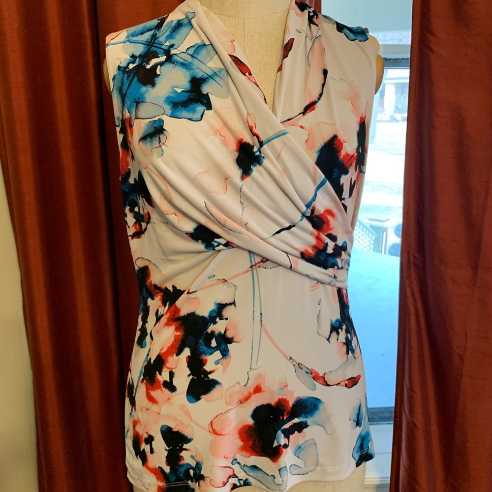 DKNY Floral Crossover Blouse - Blue and Red